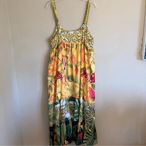 FARM Rio Mixed Prints Patch Maxi Dress Beaded Straps Tropical Fruit Size XL - Picture 7 of 16